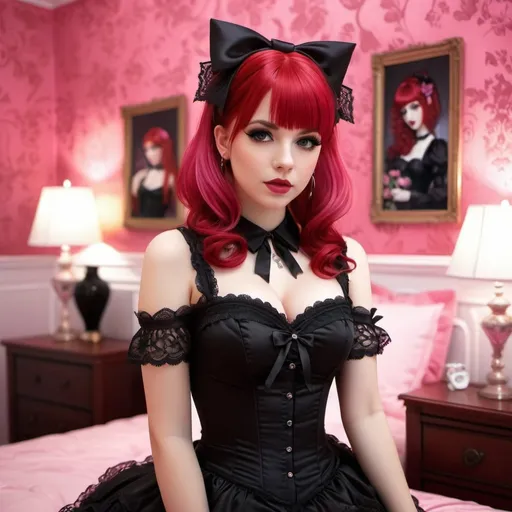 Prompt: lolita goth in dessous, red hair, pink girlie bedroom, realistic