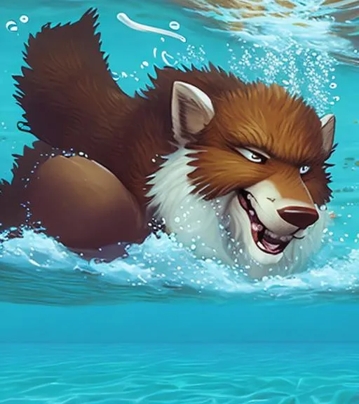 Prompt: Anthropomorphic furry swimming underwater