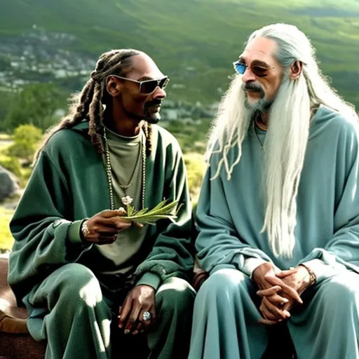 Prompt: Snoop Dogg sharing a cannabis joint with Gandalf from the Lord of the rings movie 