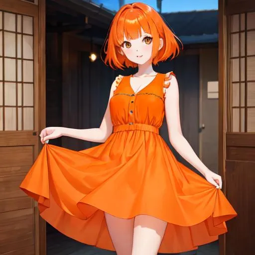 Prompt: girl with orange short hairs orange hairs  buetiful orange dress