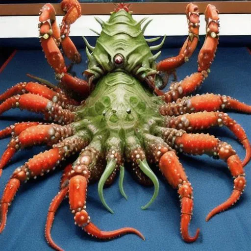 Prompt: Giant alien king squidapuscrab with razor tentacles eating hillary Clinton-crab-monster on January 6th giant evil detailed tentacles eating monster Hillary Clinton-lobster-monster-alien-pinchers-and-stuff