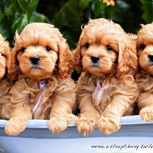 Prompt: cute golden cavapoo puppies with a bath