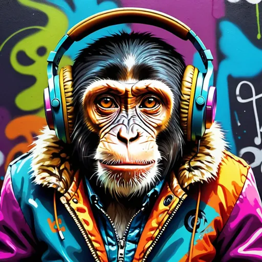 Prompt: Realistic illustration of a monkey wearing headphones and a colorful jacket, vibrant graffiti background, detailed fur with natural textures, expressive eyes, stylish headphones, high-quality, realism, vibrant colors, graffiti art, detailed jacket, funky atmosphere, professional lighting