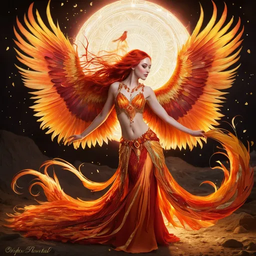 Prompt: Zephyrina Flametail is a captivating Phoenix with a fiery presence that seems to dance around her, even when her fiery wings are folded at her back. Her long, wavy hair, a kaleidoscope of fiery oranges, reds, and golds, cascades down to her waist, often adorned with delicate beads of gold that glint in the sun. Her eyes, a mesmerizing mix of blue and green, reflect the ever-changing hues of a blazing inferno, and her skin is a warm, sun-kissed bronze. Her figure is athletic yet feminine, with muscles honed from centuries of aerial acrobatics and battles. Her attire is minimal yet elegant, consisting of a crimson and gold loincloth that leaves her midriff bare, and a set of intricately designed bracers that hug her arms, ending just above her elbows. Her bare chest is adorned with a necklace of gleaming embers that seem to pulse with life, and her sandals are made of a mysterious material that never burns, allowing her to walk unscathed on the hottest of sands or the most fiery of terrains. Her wings are a marvel to behold, a masterpiece of feathers that shimmer like molten gold, extending almost twice her height when fully spread. Each feather is tipped with a delicate flame, creating an aura of warmth and danger around her. Her tail, a spectacle of fiery plumes, sweeps the ground dramatically as she moves.