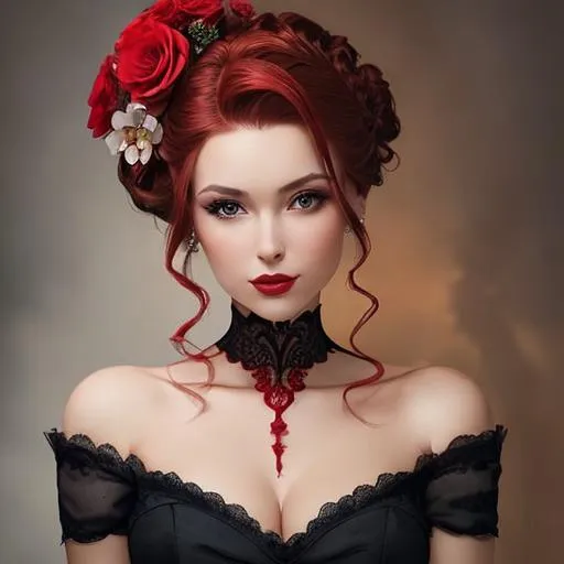 Prompt: Beautiful woman portrait wearing red,elaborate updo hairstyle adorned with flowers