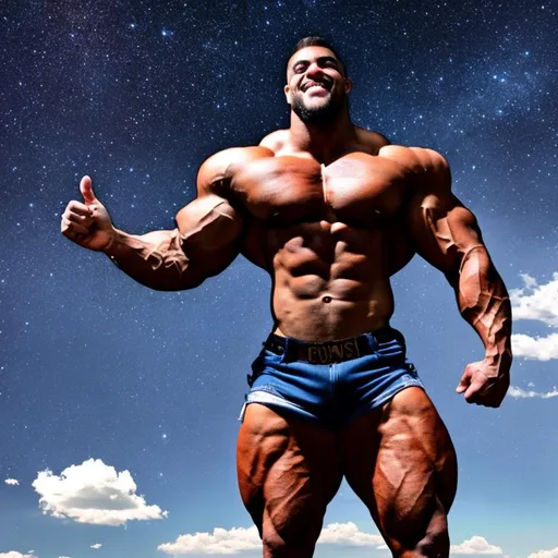 Prompt: 7000 foot tall muscular bodybuilder fills the entire sky fills frame with his bulk