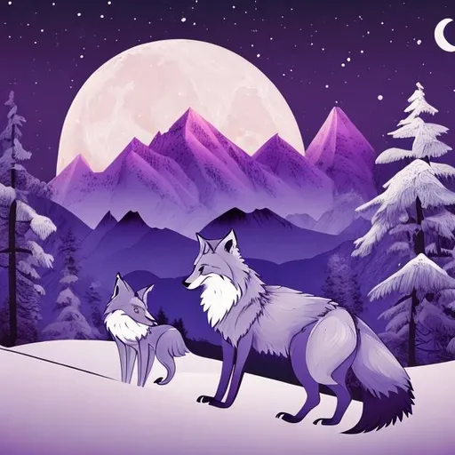 Prompt: wolf and fox in mountains with moon and purple hue