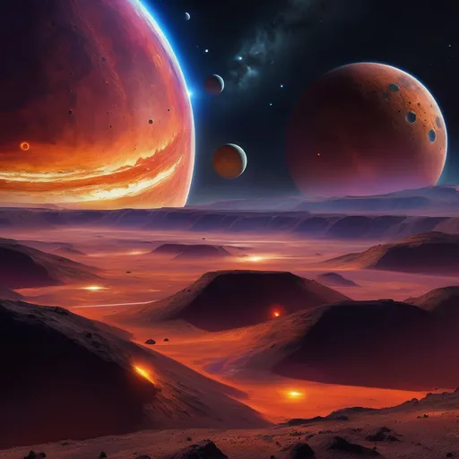 Prompt: Planet with moons, digital painting, realistic portrayal, high quality, vibrant colors, cosmic landscape, multiple moons in orbit, detailed craters and surface textures, epic and dramatic atmosphere, surreal lighting, futuristic sci-fi, awe-inspiring celestial bodies, 4k resolution, ultra-detailed, digital painting, cosmic, realistic portrayal, vibrant colors, surreal lighting, dramatic atmosphere