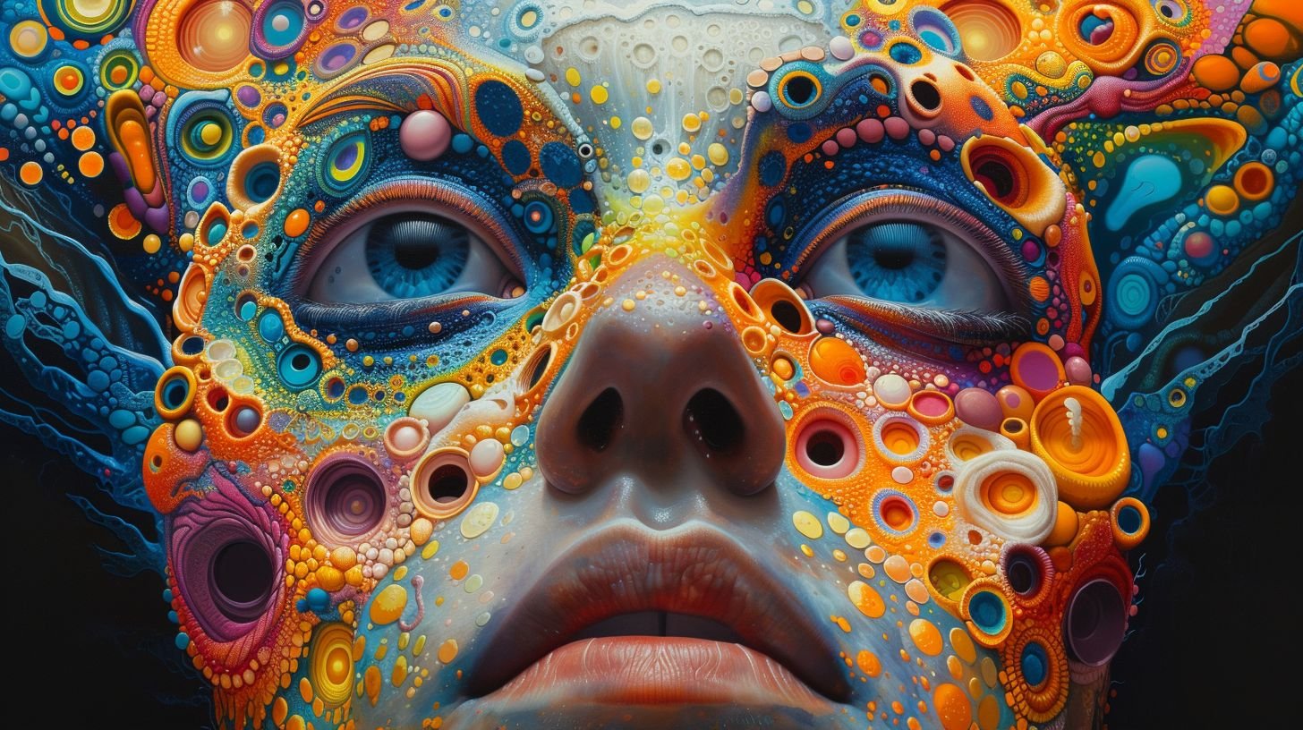Prompt: a painting of a colorful face with many different colors and shapes on it's face and eyes, with a black background, Android Jones, psychedelic art, psychedelic, a detailed painting