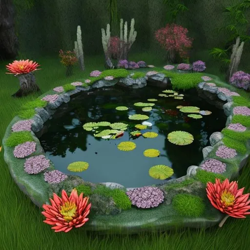 Prompt: realistic pond with flowers around it with stones bordering the pond in the middle of a dark forest