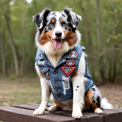 Prompt: australian shepherd wearing a heavy metal music denim vest with patches