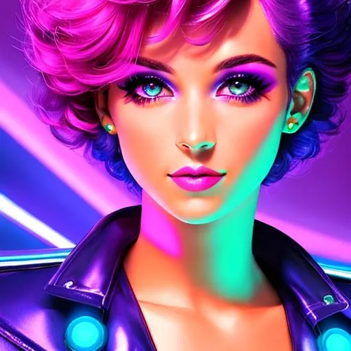 Prompt: neon purple lighting of a girl with very short pink hair , 1980's, disco era, early 80's makeup and hair