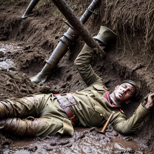 Prompt: Gruesome picture of a dead, decaying WW1 German soldier laying in a muddy trench, his Kaiserliche Armee uniform is torn, tattered, muddy, dirty and dusty and covered with bloodstains from his many injuries, his legs are missing and half his face has been blown away, revealing rotting flesh and fragments of bones, while dozens of shells explode all around him sending plumes of black smoke, dirt and shrapnel up into the air