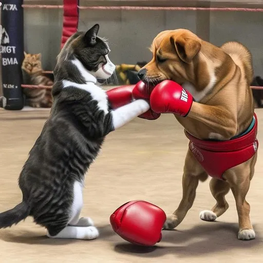 Prompt: A dog boxing a cat in the ring
