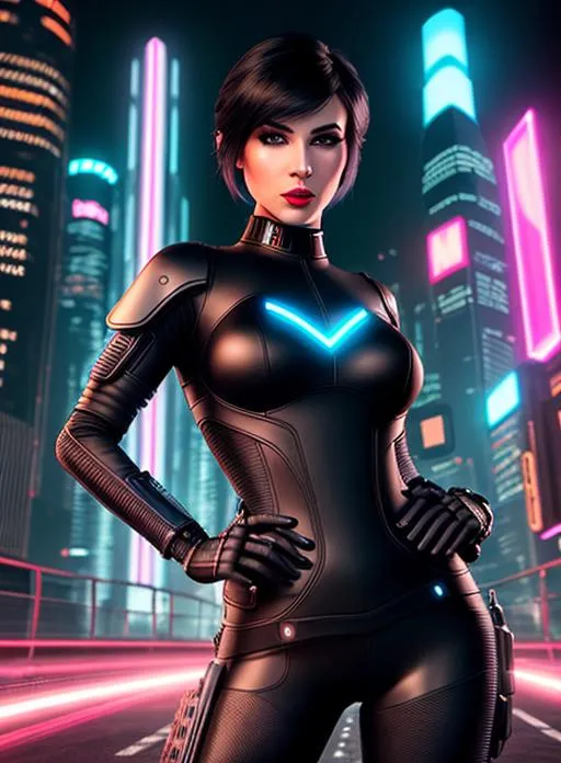 Prompt: Full length body, Ultra realistic photo of a woman, ultra detailed eyes, dreamy black colored eyes, dark brown colored eyes, cyberpunk assassin, round face, futuristic cityscape, futuristic city background, full length body, beautiful short black hair, neon lighting, pixie haircut black hair, crimson red lips, dark red lips, ultra detailed full lips, symmetrical, dark wide eyes, soft lighting, detailed face, by makoto shinkai, stanley artgerm lau, wlop, rossdraws, concept art, digital painting, most popular final photograph
