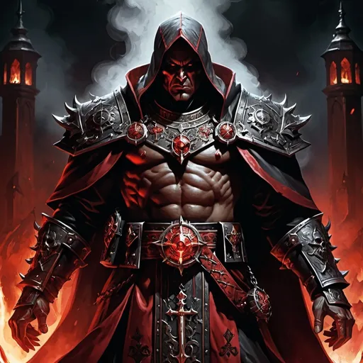 Prompt: Warhammer fantasy RPG illustration of a fearsome Priest of Khorne, blood-soaked robe, imposing stature, demonic symbols, intense and intimidating gaze, dark and gritty atmosphere, high quality, detailed, fantasy, dark fantasy, priest of Khorne, intimidating, demonic symbols, atmospheric lighting, dynamic pose