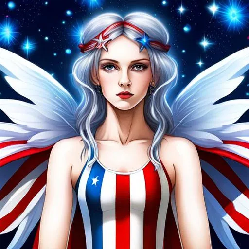 Prompt: fairy goddess of the 4th of July u,s, patriotic, dreamscape, vivid colors of red, fwhite and blue ,closeup