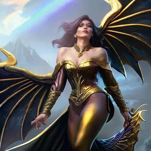 Prompt:  #Wife# Woman  as a powerful mage riding a dragon, detailed clothing, digital painting, hyperrealistic, fantasy, Surrealist, full body, by Stanley Artgerm Lau and Alphonse Mucha, artstation, highly detailed, sharp focus, sci-fi, stunningly beautiful, dystopian, black and iridescent gold, cinematic lighting, dark 