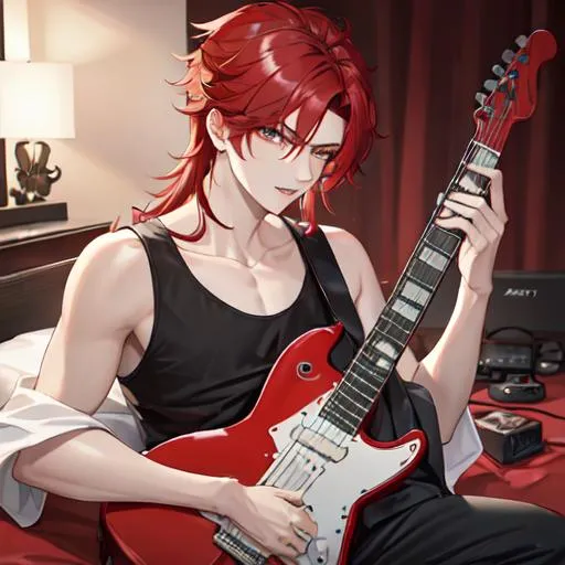 Prompt: Zerif 1male (Red side-swept hair covering his right eye) singing and playing an electric guitar, UHD, 8K, highly detailed, standing in the bedroom
