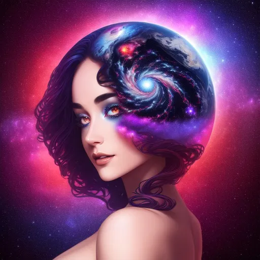 Prompt: A fractal galaxy with red and blue tones with a small planet earth in the foreground, ethereal (luminous woman), full body, perfect eyelashes, stunning eyes, extraordinary lips, phenomenal nose, marvelous smile, incredible eyebrows, cleavage, highly detailed face, hyper-realistic facial features, cinematic 3d volumetric, fantasy, intricate, highly-detailed, elegant, dramatic lighting, gorgeous face, lifelike, photorealistic face, curl multicolored beaming voronoi clusters fractal long hair, long luxurious lace gown, digital painting, artstation, illustration, concept art, smooth, sharp focus, art by Jude Palencar, Luis Royo, John Collier and Albert Aublet and Krenz Cushart and Artem Demura and Alphonse Mucha, highly detailed painting, looking at viewer, portrait, photography, detailed skin, realistic, photo-realistic, 8k, highly detailed, full length frame, High detail