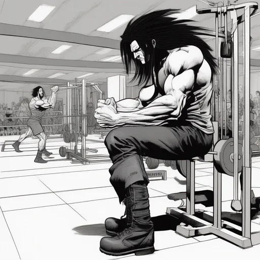 Prompt: a manecing skinny white guy with a long black hair using black boots at the gym drawing by frank miller