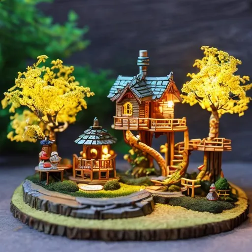 Prompt: tiny tree house with yellow cherry blossom bonsai and garden at night string lights
