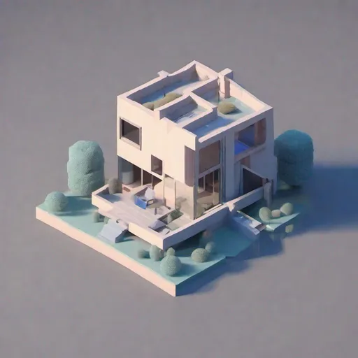 Prompt: Tiny cute isometric brutalist house, soft smooth lighting, soft colors, soft colors, 100mm lens, 3d blender render, trending on polycount, modular constructivism, blue blackground, physically based rendering, centered