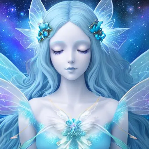 Prompt: fairy goddess of the cosmos, ethereal,dreamscape, pale blue colors, closeup