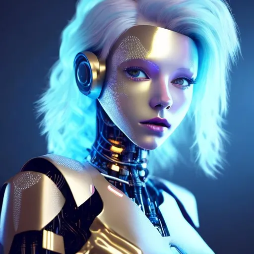 Prompt: Dressed like a very young Robotic Pleiadian Nordic blonde from the Galactic Federation of Light, gold armor,wearing silver blue lipstick,high resolution, 3D render, style of cyberpunk, gold and neon background 