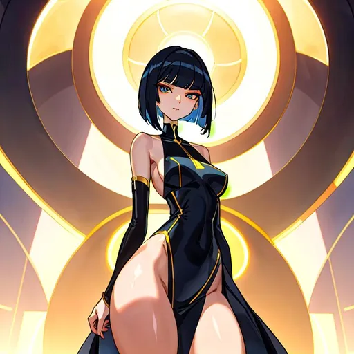 Prompt: a lonely AI girl, very tall, thick thighs, wide hips, huge glutes, long legs, slender arms, slender waist, big beautiful symmetrical eyes, intriguingly beautiful face, aloof expression, bob haircut with bangs, wearing The Perfect Dress, 12K resolution, hyper quality, hyper-detailed, 12K resolution, hyper-professional