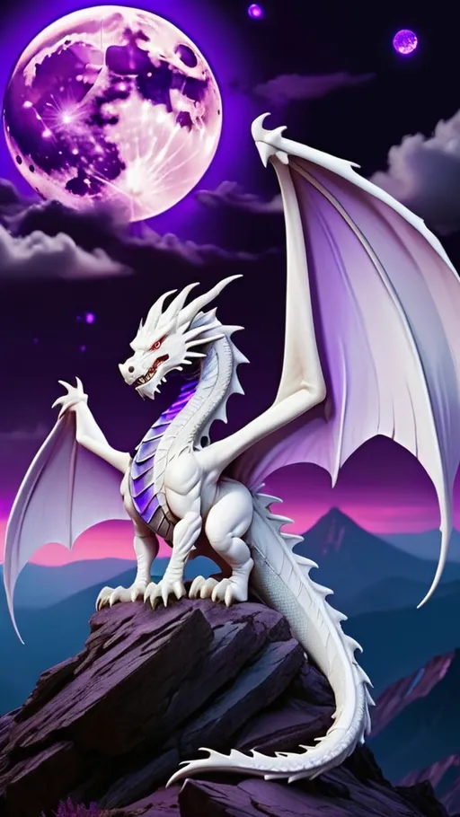 Prompt: white dragon standing on mountain top on full moon night looking to purple glowing comet crash.