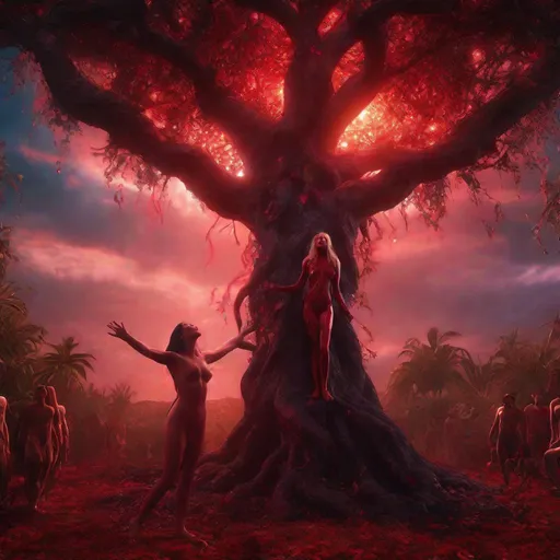 Prompt: Violent sadistic biblical concept art of Adam disemboweling Eve in front of Lilith in the garden of eden horrifying terrifying vibrant bloody intense image. Everything is perfectly to scale. HD, 8k, UHD, High Resolution Award winning
