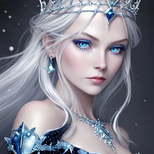 Prompt: Snow queen beautiful silver haired woman with blue eyes wearing a tiara with sapphires and diamonds
