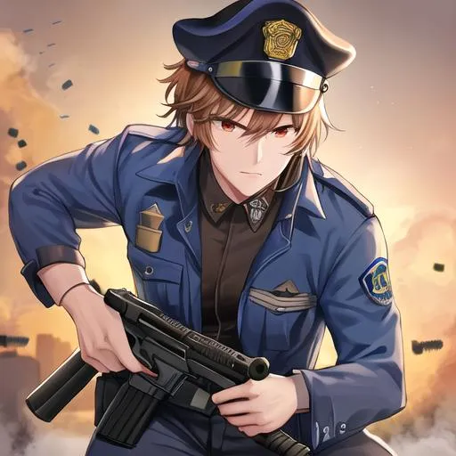 Prompt: Caleb as a police officer in a gunfight, bullets flying
