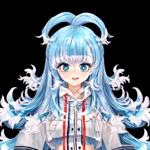 Prompt: Very beautiful 3d rendering ultra-realistic ultra-detailed long character design, waist up shot, HDRI, masterpiece, smooth, sharp focus, anime girl, blue and white wavy hair, super cute face under pink eyes, blue top, has big eyes and forehead big, short white shirt, long sleeve detail,
