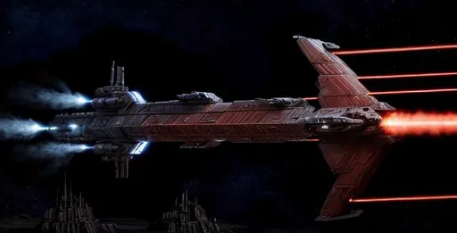Prompt: Incredibly detailed military Sci Fi art of Red Republic Hammerhead-cruiser shaped like a pickaxe((Facing Right)), by Amos Tan, Ralph McQuarrie and Aleksandre Lortkipanidze. Realistic space matte painting star background. Blue rocket exhaust. "Endar Spire"