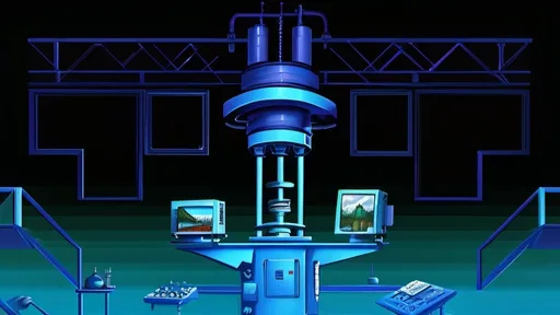 Prompt: oil paint, muted colors, machine, large vertical tube, computer screen on each side, laboratory, bob ross