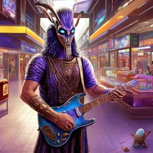 Prompt: Assyrian Genii playing a double-necked Guitar for spare change in a busy alien mall, widescreen, infinity vanishing point, galaxy background, surprise easter egg