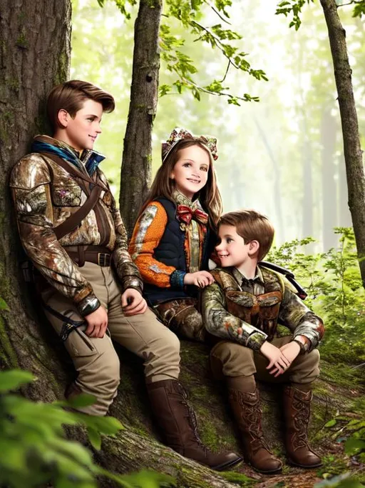 Prompt: hypermaximalist, fine details, vivid, brown hair, handsome, sweet, cute, kind, in woods, hunting, bow, in tree, with girl , boy and girl hunting together