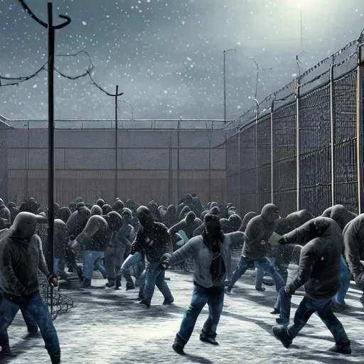 Prompt: prison riot, attack, huge, crowded, barbed wire, prison, blizzard, winter, realistic