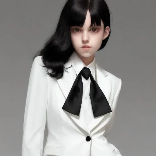 Prompt: Black hair White suit black tie geans shorts dark brown eyes female 17 