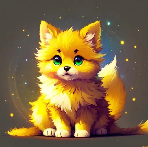 Prompt: Cute, yellow, fluffy, fantasy light puppy, with lighting, yellow eyes, yellow fur, and possessing the element of space and making circles of lighting stripes
 move around in the air in a magical way, in a space background. Perfect features, extremely detailed, realistic. Krenz Cushart + loish +gaston bussiere +craig mullins, j. c. leyendecker +Artgerm.