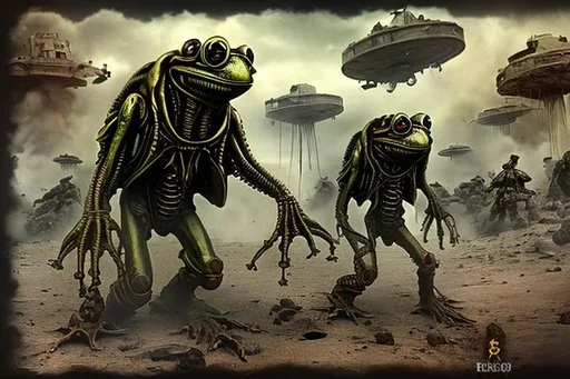 Prompt: aliens versus steampunk frogs world war 1