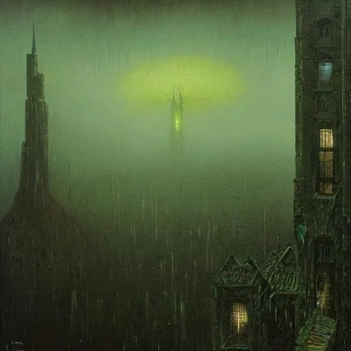 Prompt: Beksinski tower, gothic, dark and dark-green colours, fog, night, ominous, biopunk