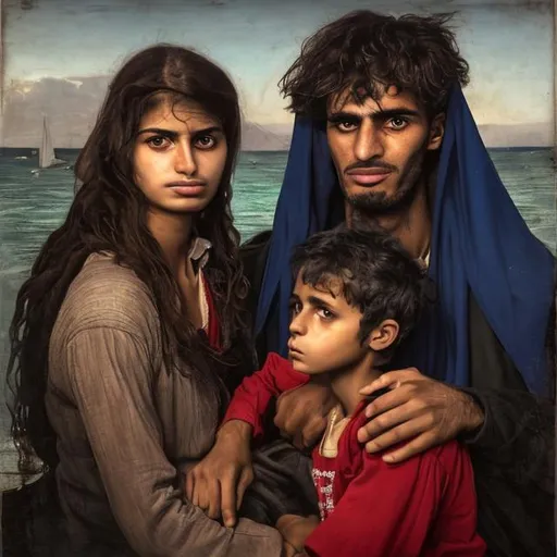 Prompt: a preraffaelite portrait of refugees on the shore. Get inspiration from Dante Gabriele Rossetti
 