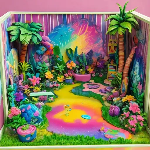 Prompt: Lisa frank style garden diorama 