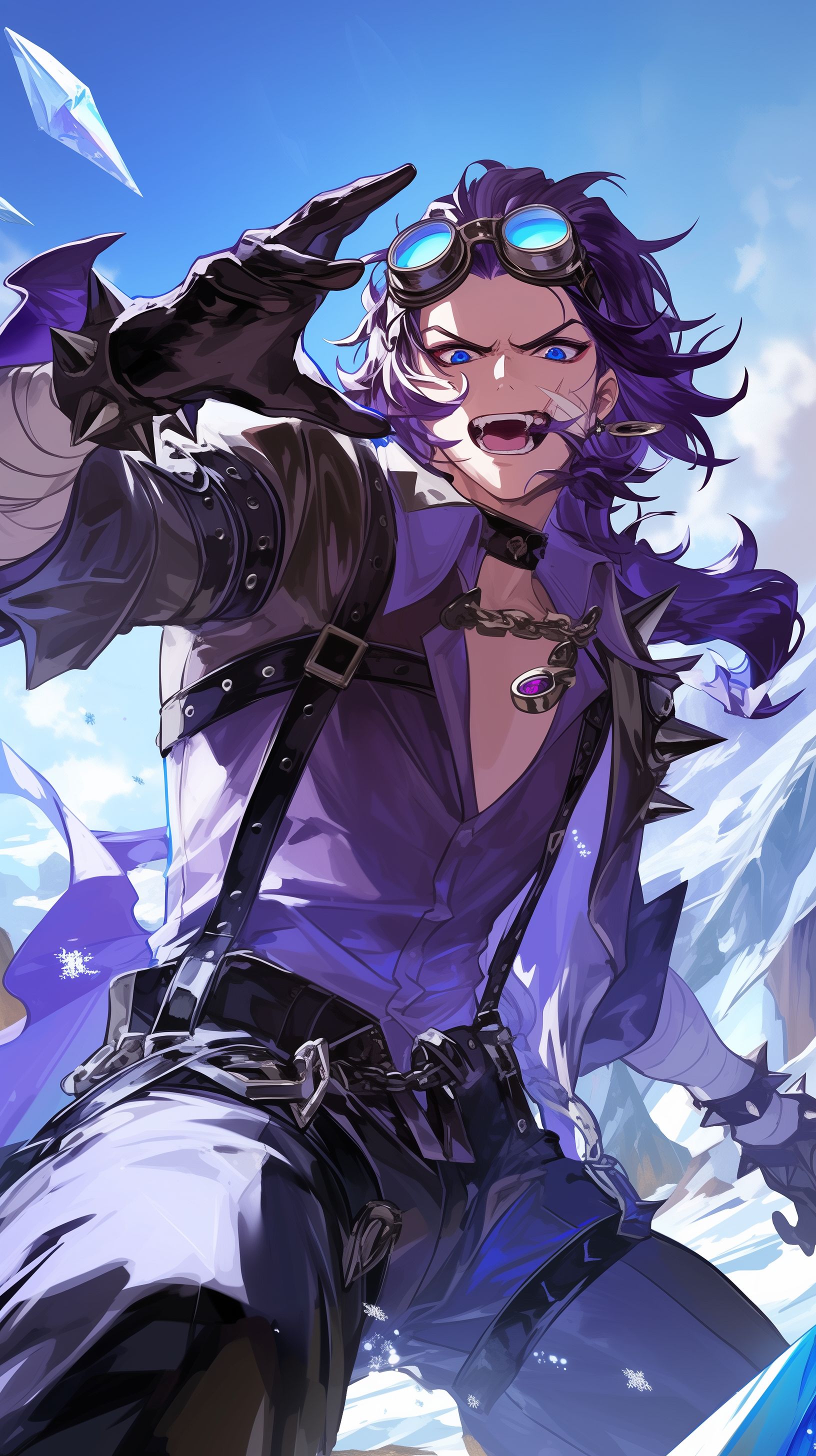 Prompt: genshin impact style, A handsome young skinny man with blue eyes, purple half shaved hair, steampunk goggles on his head, purple dress shirt open with bandages under it, black spiked collar/braclets, heavy black eyeliner, dynamic pose, running headfirst into the cold, gritting the pain on his face --ar 9:16 --niji 6