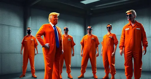 Prompt: highly-detailed digital art of Donald Trump wearing prison jumpsuit, with secret service standing around wearing sunglasses, vibrant, brilliant studio lighting, octane render, unreal engine render 