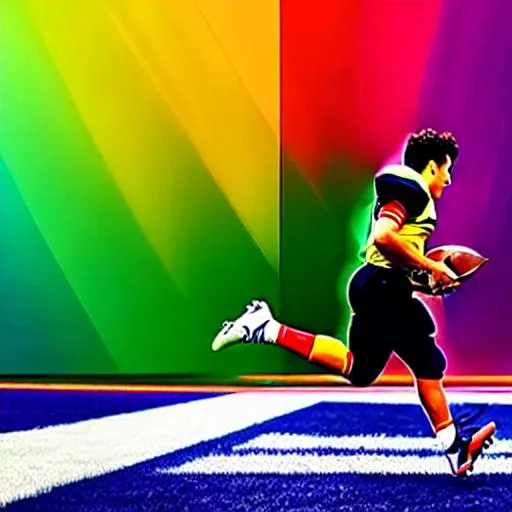 Prompt: Football player making the game wining catch, suspense poster shot clear bright colors painting