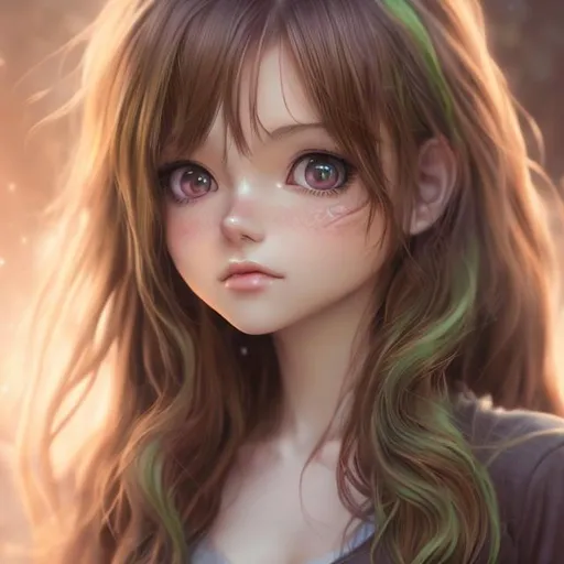 Prompt:  Realistic girl in anime, hyper detailed, long green wavy hair  anime girl and has brown  eyes,highly full character visible, soft lighting, high definition, ultra realistic, digital art.